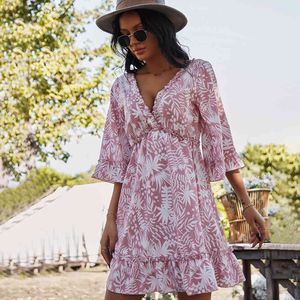 Boho Style Floral Printed mini Dress 3/4 Sleeve Women Mini V Neck Ladies es Beach Sundress Ropa Mujer 210524