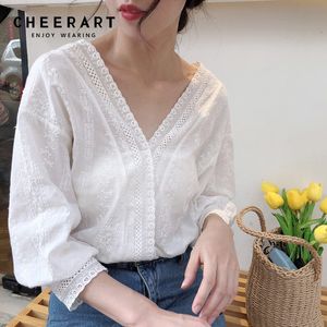 Blusa de algodão cavar mulheres v pescoço solto branco transparente senhoras tops dentelle femme outono primavera 210427