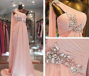 Elegante Perlen One Shoulder Rosa Ballkleider Chiffon A-Linie Sweep Zug Plissee Real Picture Abendkleider 2021 Formelle Kleider