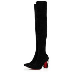 Elegant Winter Brands Women Red Bottom Tall Boot Study Stretch Knee Boots High Heels Luxury Lady Silver Spikes Fashion Booties Party Wedding