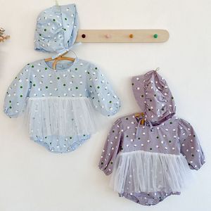 Infant Baby Girls Bubble Sleeve Printing Rompers And Hat Clothing Spring Autumn Kids Girl Long Clothes 210429