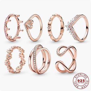 925 Sterling Silver Ring Rose Gold Color Crown Infinity Heart Band Wave Ringar för Wemen Bröllop Mode Smycken 211217
