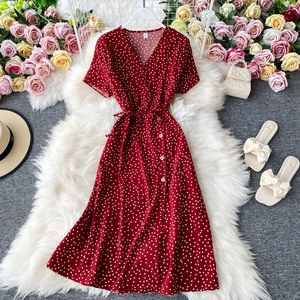 Chffion Red elegant sexy Dress women summer beach V-neck polka dot midi dress waist split vestidos de fiesta clothes 210420