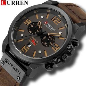 CURREN Men Casual Quartz Wristwatch Military Leather Strap Waterproof Watch Mens Fashion Sports Clock Chronograph Montre Homme 210517