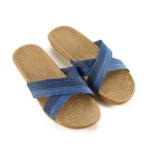 Tofflor 2021 Sommar Men Blå Flax Flip Flop Canvas Linne Non-Slip Designer Flat Sandals Hem Man Mode Slides Straw Shoe