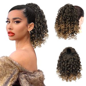 Ombre Blond Crochet Sprial Curly Brazilian Pony Vail Extension 14Inch Short High Kinky Puff Drawstring Pony Tail Clip In för kvinnor (t1b / 27)