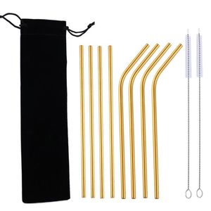 6*241mm Colorful Stainless Steel Straws Reusable Straight and Bent Metal Drinking Straw Cleaning Brush for Home Kitchen Bar