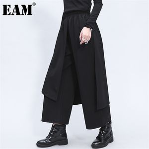 [EAM] High Elastic Waist Black Split Joint Long Wide Leg Trousers Loose Fit Pants Women Fashion Spring Autumn 1Z325 210925