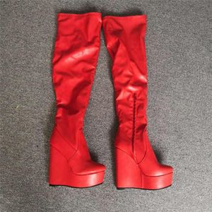 Stiefel Mode Rot Frauen Winter Schnee Warme Pelz Keile High Heels Sexy Enge Lange Schuhe Frau Plattformen