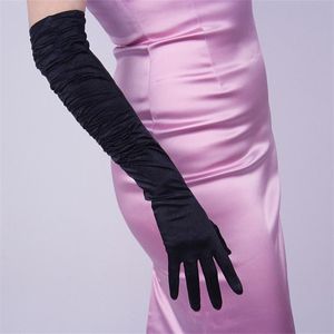 Elegant Satin Black Long Thin Full finger Dress Glove Retro Pleated Elastic Silky Pearlescent Driving Warm Glove K50 220113