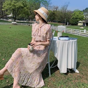 여성 꽃 무늬 프린트 쉬폰 드레스 짧은 소매 섹시한 빈티지 활 목 칵테일 파티 Pleated Vestidos de Verano 210529