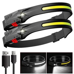 Headlamps LED-strålkastare COB-huvudlampa med inbyggt batteri USB-uppladdningsbara fackla 5 belysningslägen Väderskyddat ljus