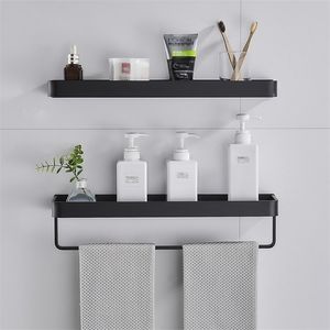 Black Aluminum Towel Shelf Bathroom Storage Rack Wall-mounted Tray Vanity Shower Caddy Spice Organizer 30/40/50cm 211112