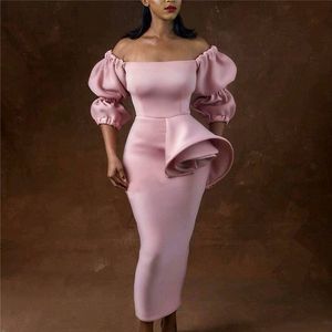 Pink Off Shoulder Lantern Sleeves for Women Midi Elegant Sheath Celebrate Dinner Party Evening Bodycon Dress Plus Size XXL 210416