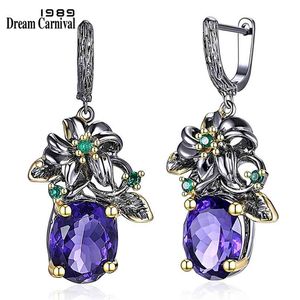 DreamCarnival 1989 Elegant Amazing Price Earings Flower Look Big Blue CZ Gun Black Plus Gold Color Base Everyday Jewelry WE3799 210706