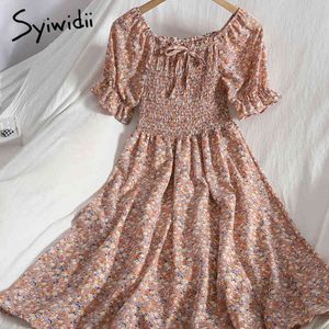 Syiwidii Floral Print Bow Lace Up Womens Dresses Elastic High Waist Square Collar Puff Sleeve A-Line Summer Korean Clothing 210417