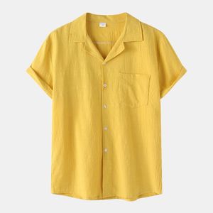 Çarşaf Xxl toptan satış-Erkek Casual Gömlek Erkek Küba Yaka Gömlek Cep Yaz Kısa Kollu Pamuk Keten Erkekler Için Katı Hawaiian Camisas de Hombre XXL
