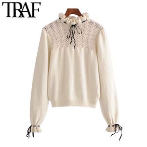 TRAF Women Fashion With Bows Hollow Out Knitted Sweater Vintage High Neck Long Sleeve Female Pullovers Chic Tops 210415