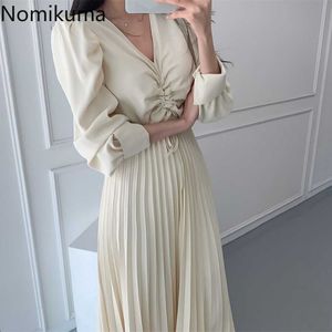 Nomikuma女性のドレス春の新しい巾着Vネックパフスリーブvestidos FemmeハイウエストプリーツAラインドレス6F494 210427