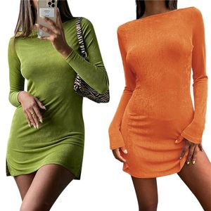 Casual Dresses Women Sexy Tie up Backless Dress Solid Color Round Neck Long Sleeve Slit Bodycon Autumn Tight High Waist Wrap Hip