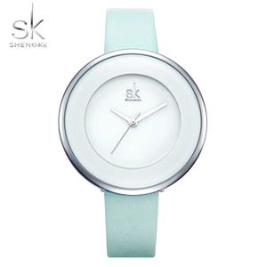 SHENGKE Skyblue Leather Strap Buckle Women Watches 38 MM Big Top Brand Simple Dial Quartz Luxury Ladies Watch Reloj Mujer 210616