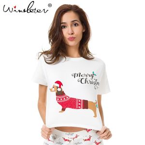 Sova Top Christmas Dachshund med Santa Hat Dog Print Loose T Shirt Kvinnor Beskära Kort Bomull Pyjamas Pajamas T7N001 210421