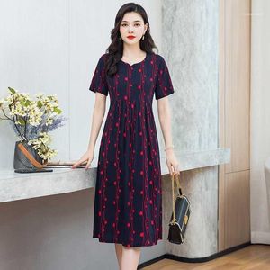 Casual Dresses Women Summer Vintage Dress Robe Femme Short Sleeve Floral Print O-neck Big Swing Elegant Party Plus Size Black Vestidos111