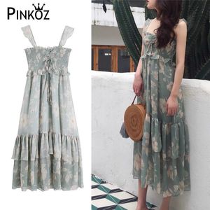 summer dress floral print spaghetii straps ruffles young style sweet beach green long 210421