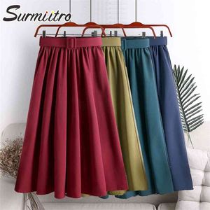 Midi Skirt Women With Belt For Spring Summer Ladies Korean Red Green Black Blue High Waist Long Female 210421