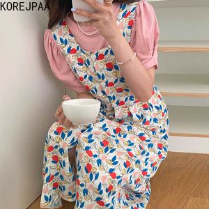 Korejpaa 여성 세트 여름 한국어 세련된 소녀 간단한 다재다능한 둥근 목 퍼프 소매 셔츠 꽃 싱글 브레스트 스트랩 드레스 210526