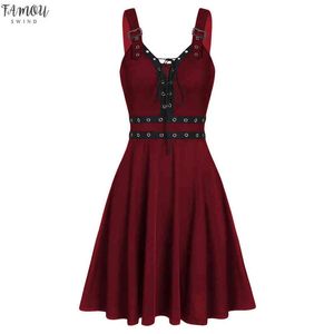 Vestido feminino gótico verão sem mangas sem costas linha A sexy punk rock com cadarço ajuste e flare top túnica longa feminina