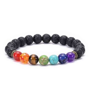 7 Chakra Armband, 8mm Natursten Vocanic Armband, Män Kvinnor Strs Relief Yoga Beads Armband