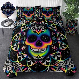 Chaos por Brizbazaar conjunto de cama Rainha Colorful Skull Duvet Capa Galáxia Mandala Gótico Cama de 3 peças Universo Cool Bedclothes 210615