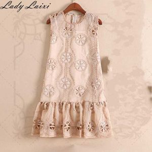 Arrival Summer High quality Elegant Floral Embroidery Hollow Out Lace Crochet Ruffles Women's Sleeveless Mini Dress Vestido 210529
