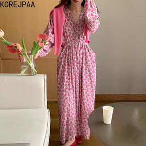 コレヒパアの女性のドレス夏の韓国のシックな穏やかな甘いVネックのフルスクリーンフラワーデザインレースアップウエスト長袖Vestidos 210526