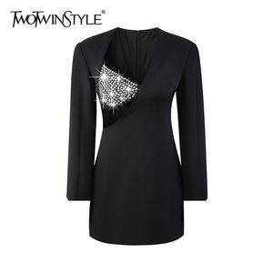 Siyah kadınlar için oymak elbise asimetrik yaka uzun kollu yüksek bel patchwork kristal ince elbiseler kadın 210520