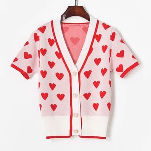 Sommar söt träff färg kärlek blouses för kvinnor avslappnad all-match v-hals tunna stickar cardigan elegant kontor dam kvinna toppar 210525