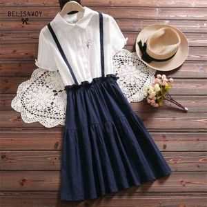 Japan Style Summer Dress Fashion Women Two Pieces Blue Pink Navy Cotton Linen Dresses Short Sleeve Sweet Kawaii Vestidos 210520