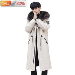 In Pelle da uomo Finto Lungo Parka Vero Cappotto Giacca Invernale Da Uomo Fodera Naturale Collo di Pelliccia di Procione Parka Hombre 2021 16 B23111