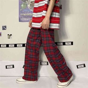 Houzhou原宿赤の格子縞のズボン女性ゴシックストリートウェアチェックズボン韓国のファッションの特大サイズワイドレッグスウェットパンツ210925