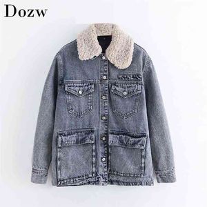 Women Autumn Winter Fashion Denim Jacket Coat Loose Pockets Long Sleeve Turn Down Collar Cotton Padded Lining Jackets 210515