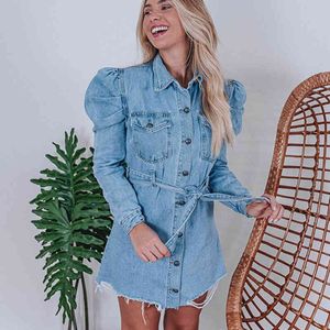 Women Blue Long Puff Sleeve Denim Shirt Dress Autumn Lapels Double Pockets Sashes Button Up Casual Dresses Jeans Vestidos 210416