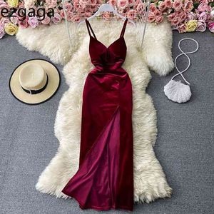 Ezgaga vinatgeスパゲッティストラップドレス女性Vネックノースリーブスプリットソリッドエレガントなセクシーなadiesボディコンドレスパーティードレスvestidos 210430