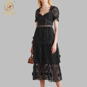 Wysokiej jakości luksusowy design startowy przyjeżdża elegancka czarna plisowana długa sukienka kobiety z krótkim rękawem koronki impreza 210520