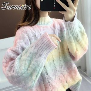 SURMIITRO Coarse Knitted Oversize Sweater Women Autumn Winter Korean Style Rainbow Long Sleeve Jumper Pullover Female 210712