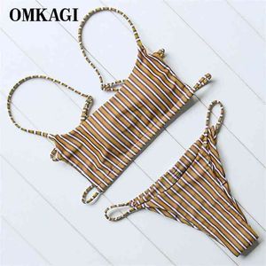 Omkagi Brand Striped Bikini Baddräkt Badkläder Kvinnor Sexig Push Up Women's Swimming Suit Bathing Micro Set 210702