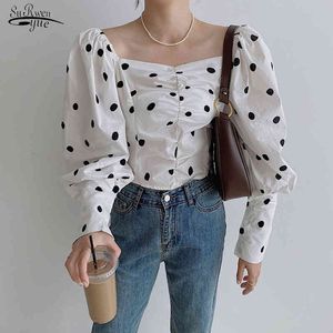 Kore Moda Polka Dot Uzun Puf Kol Bluzlar Vintage Bluz Rahat Gömlek Kadın Bahar Kare Yaka Beyaz Siyah Tops 14338 210521
