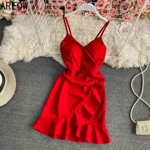 Summer Style Ladies 'Temperament Slim Oregelbunden Ruffle Midja Stäng tunn öppen rygg Suspender Buttock Wrap Dress 210507