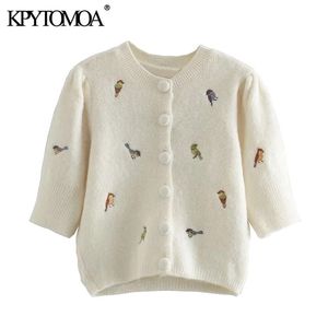 KPytomoa mulheres moda com bordado colhido malha cardigan suéter vintage slow manga feminina outerwear chique tops 211103