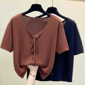 M-4XL plus size basic thin women sweater pullover loose casual sexy v neck bow kintting female jumper solid black T-shirt 210604